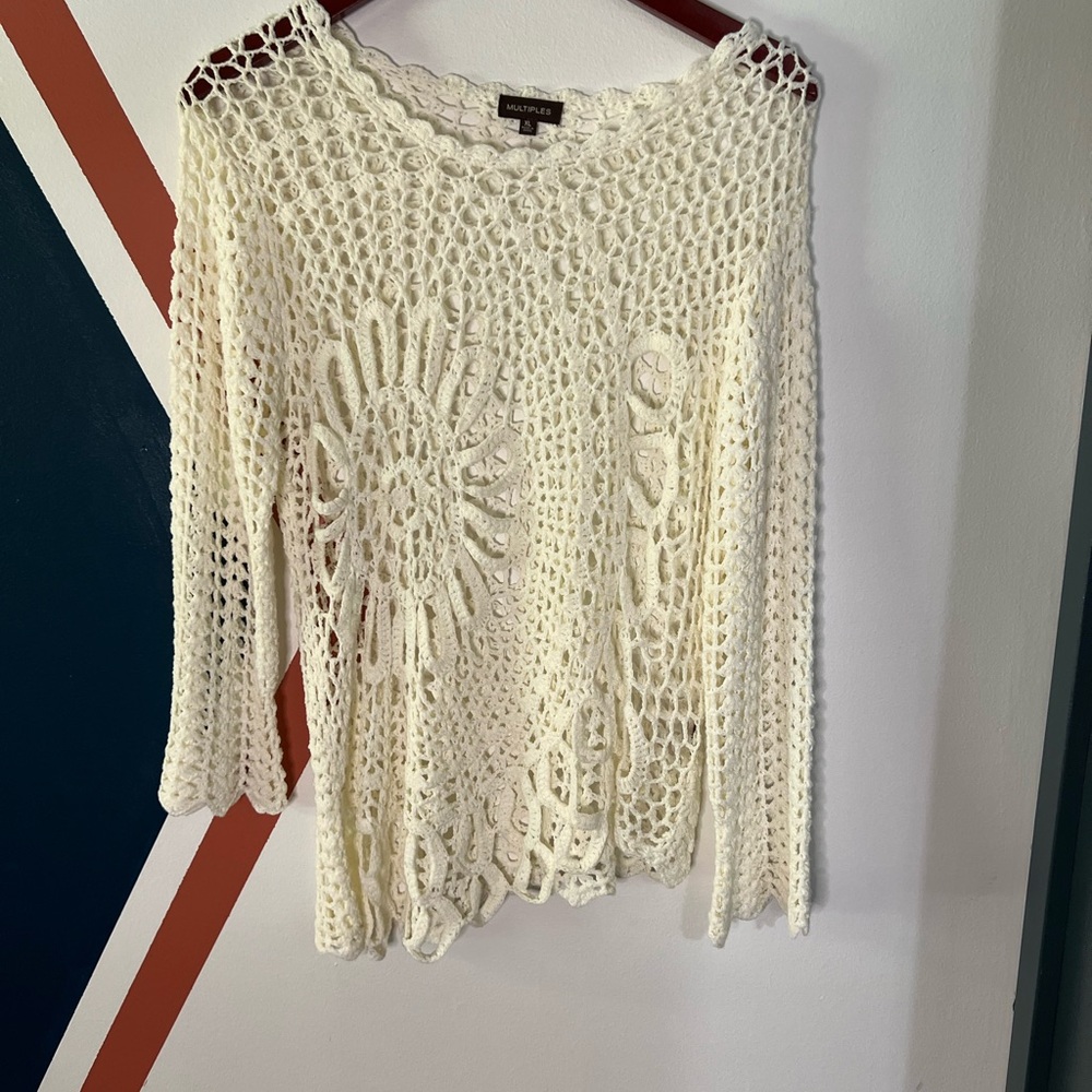 Boutique Crochet Open-Knit Sweater Top - Cream Boho Chic